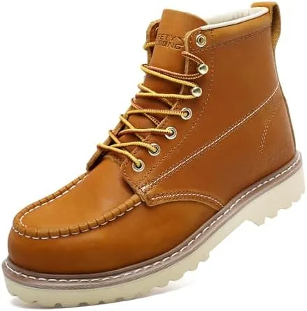 safety loong moc soft toe unlined casual boots for men comfortable lightweight full grain leather 6 inch ankle wedge workboots brown 11