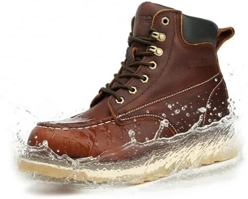 safety loong moc toe waterproof soft toe work boots for men comfortable full grain leather non slip wedge outsole construction 6 workboots 9